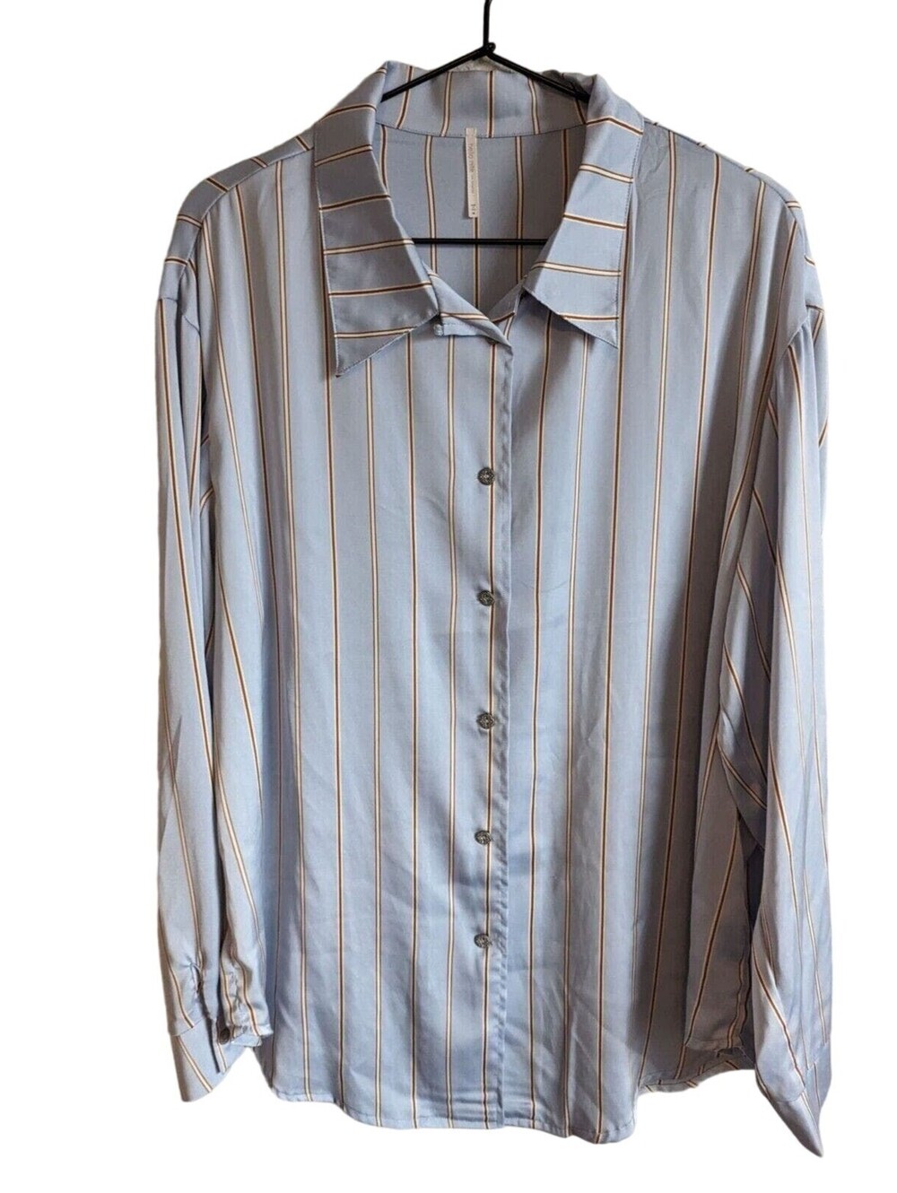 Hello Nite LA Womens Sz M Button Down Blouse Satin Blue Brown Striped